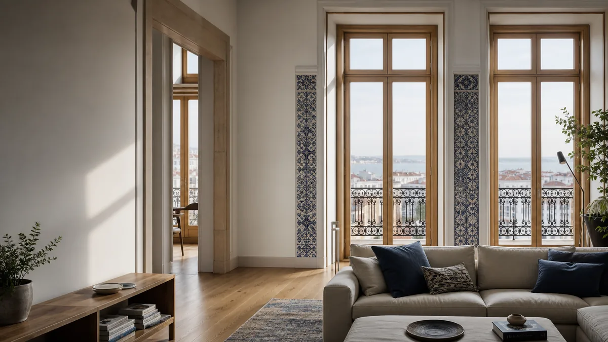 Interior luminoso de um apartamento em Lisboa com elementos arquitetónicos portugueses